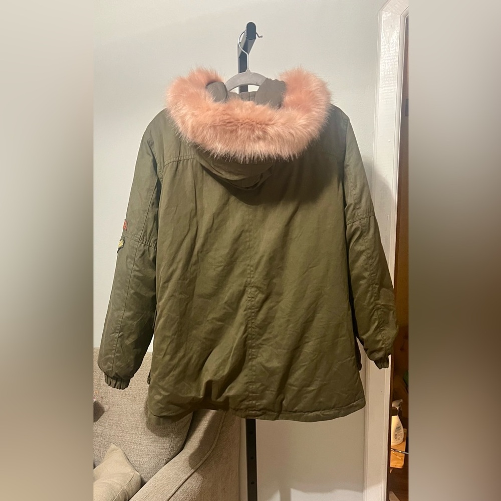Vintage Havana Army Style Coat with Pink Faux Fur Trim Size‎ M - Picture 7 of 9